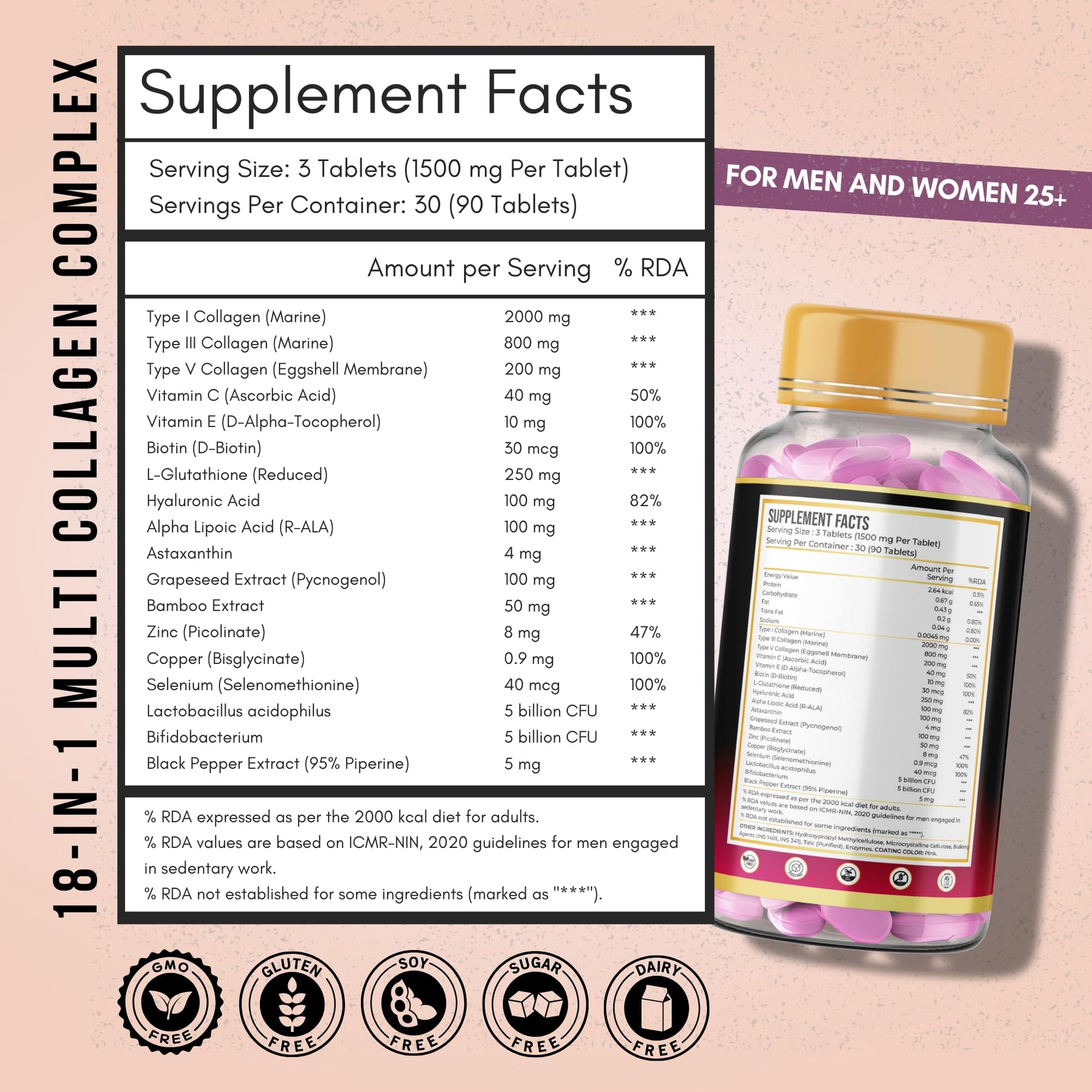 ANUPURAK Multi Collagen Complex Tablets 3000mg Types I III V Marine Eggshell 90 Count Nutritional Supplement - front view