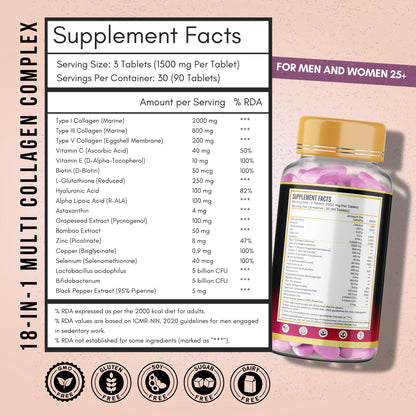 ANUPURAK Multi Collagen Complex Tablets 3000mg Types I III V Marine Eggshell 90 Count Nutritional Supplement - front view