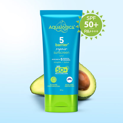 Aqualogica 5 Barrier+ Repair Sunscreen SPF 50 PA++++ Fragrance Free with Avocado & Ceramides - front view (10)