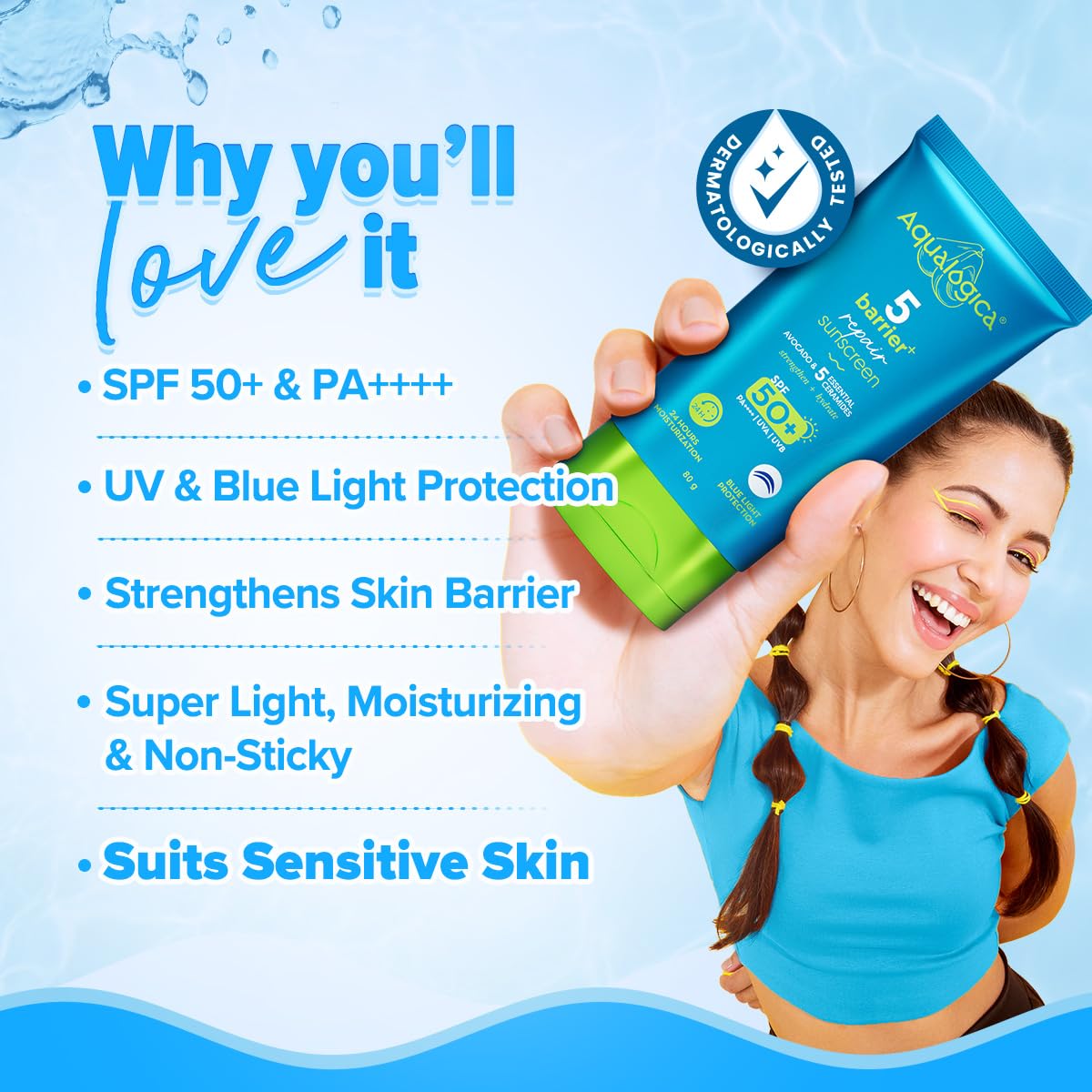 Aqualogica 5 Barrier+ Repair Sunscreen SPF 50 PA++++ Fragrance Free with Avocado & Ceramides - back view (11)