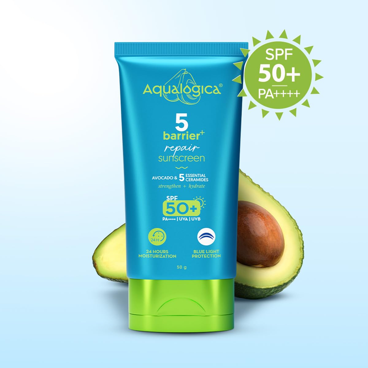 Aqualogica 5 Barrier+ Repair Sunscreen SPF 50 PA++++ Fragrance Free with Avocado & Ceramides - front view
