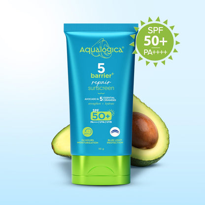 Aqualogica 5 Barrier+ Repair Sunscreen SPF 50 PA++++ Fragrance Free with Avocado & Ceramides - front view