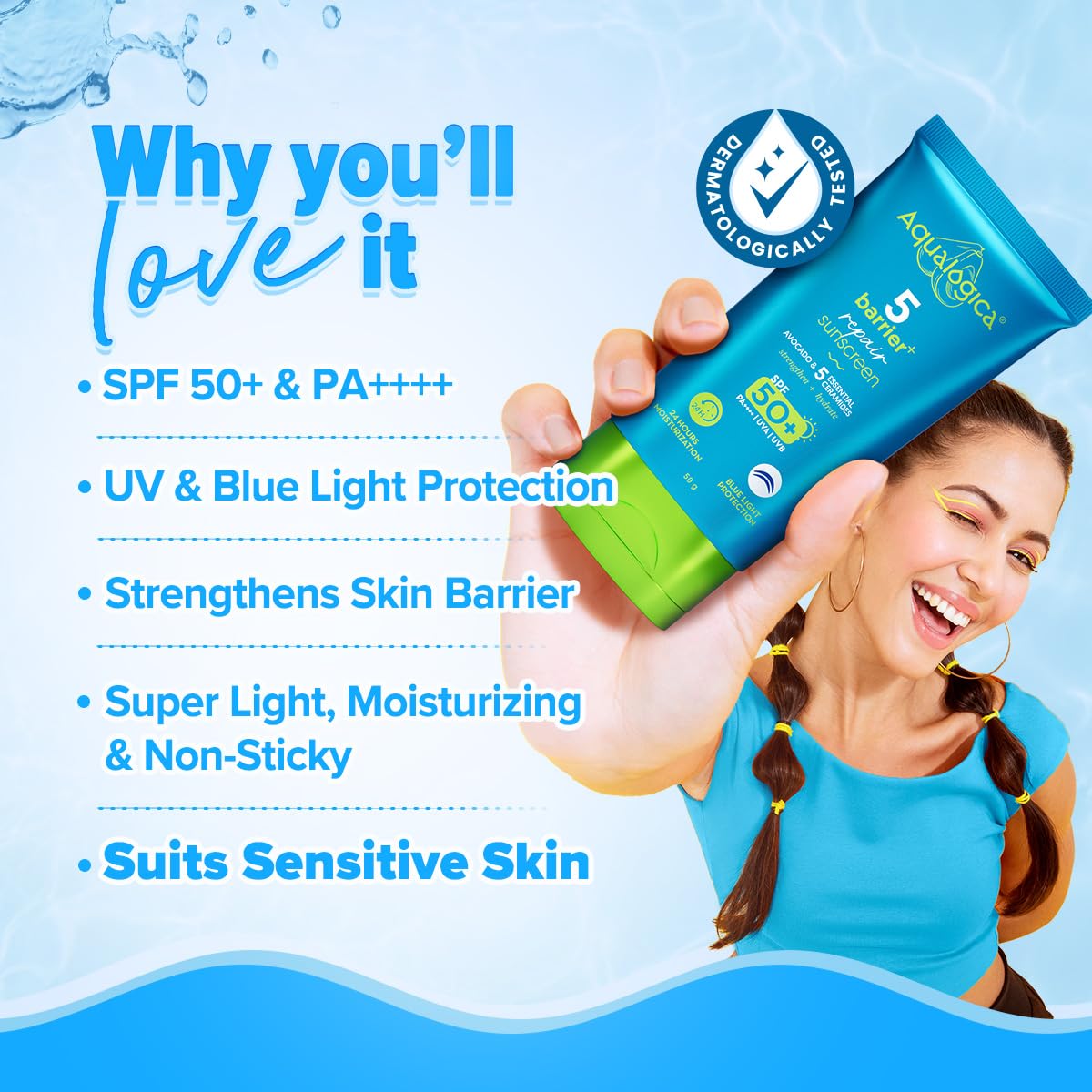Aqualogica 5 Barrier+ Repair Sunscreen SPF 50 PA++++ Fragrance Free with Avocado & Ceramides - back view