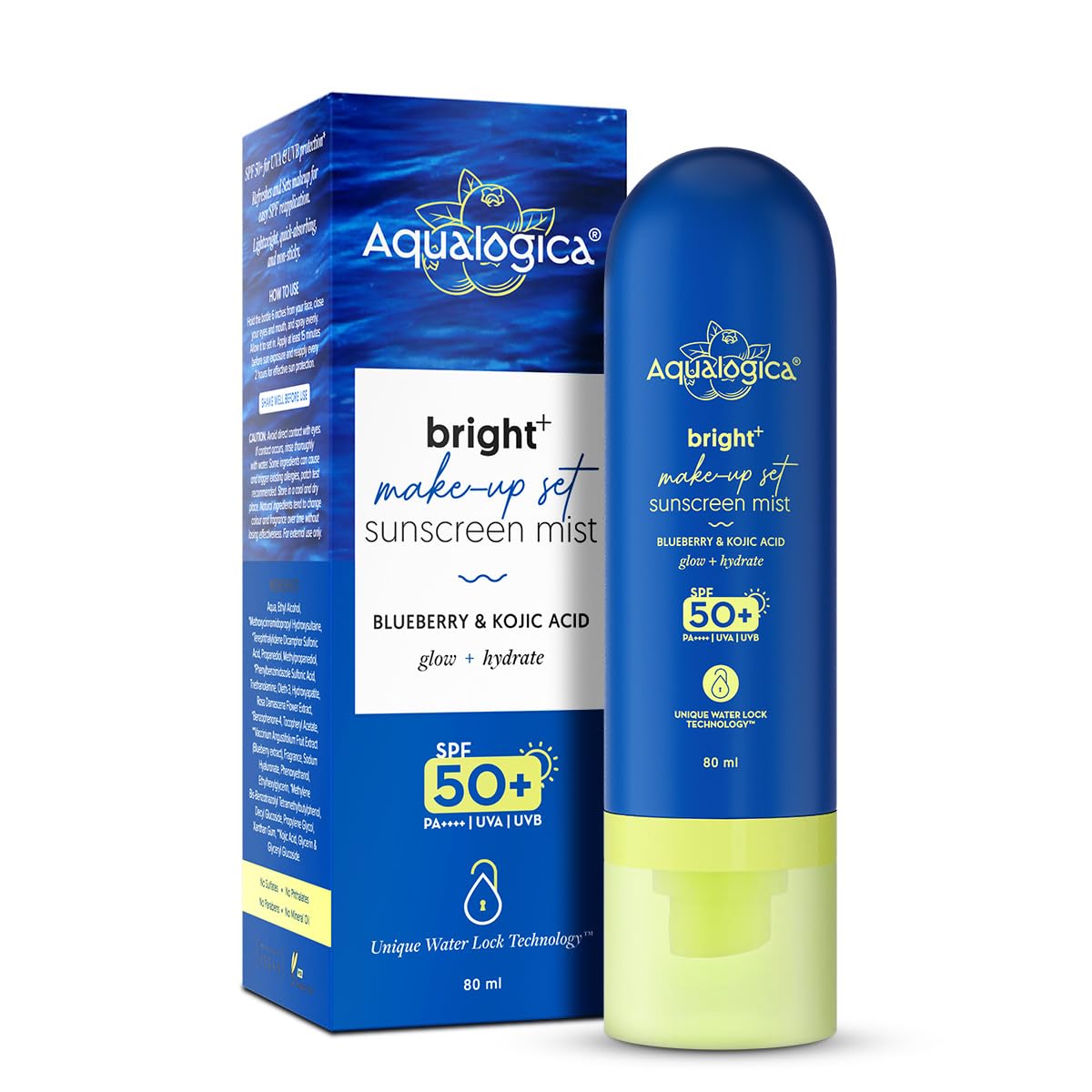 Aqualogica Bright+ Makeup-Set Sunscreen Mist SPF 50+ PA++++, 80ml, Ultra-Fine Spray, with Blueberry & Kojic Acid