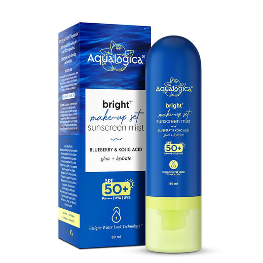 Aqualogica Bright+ Makeup-Set Sunscreen Mist SPF 50+ PA++++, 80ml, Ultra-Fine Spray, with Blueberry & Kojic Acid