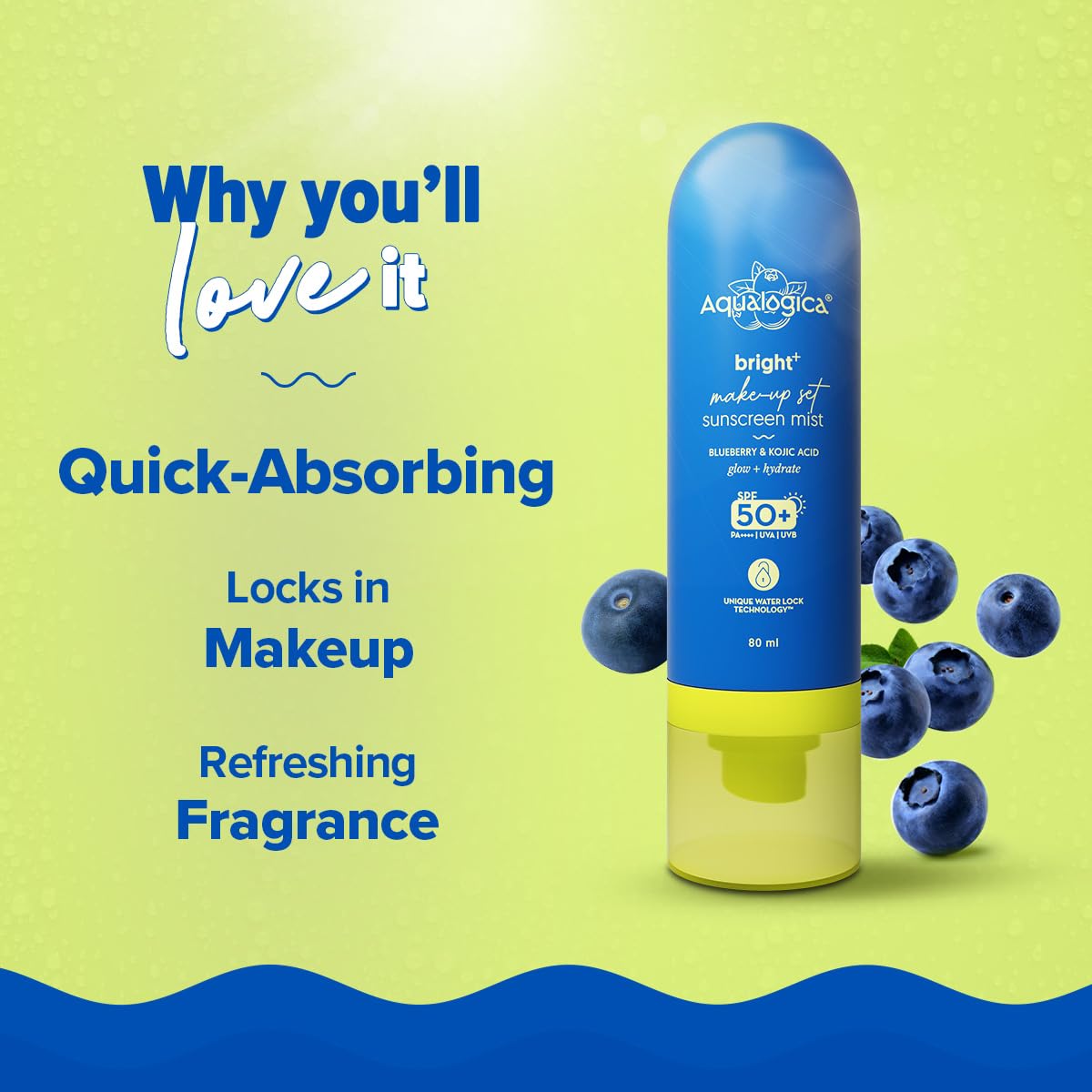 Aqualogica Bright+ Makeup-Set Sunscreen Mist SPF 50+ PA++++, 80ml, Ultra-Fine Spray, with Blueberry & Kojic Acid - back view