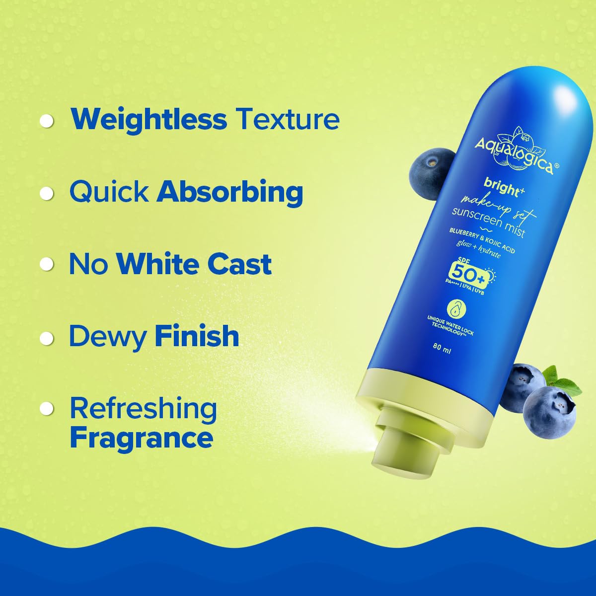 Aqualogica Bright+ Makeup-Set Sunscreen Mist SPF 50+ PA++++, 80ml, Ultra-Fine Spray, with Blueberry & Kojic Acid - packaging