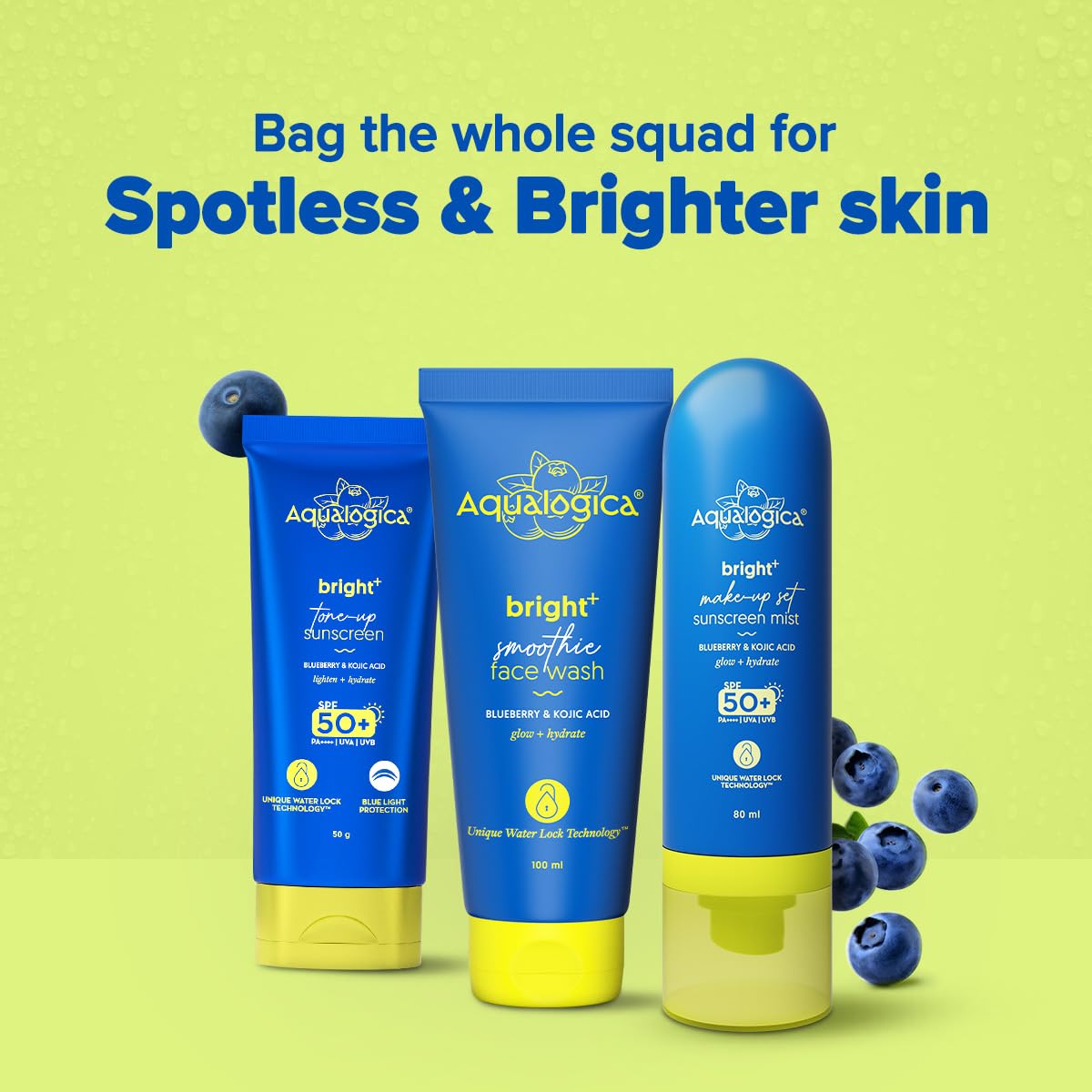Aqualogica Bright+ Makeup-Set Sunscreen Mist SPF 50+ PA++++, 80ml, Ultra-Fine Spray, with Blueberry & Kojic Acid - size and s