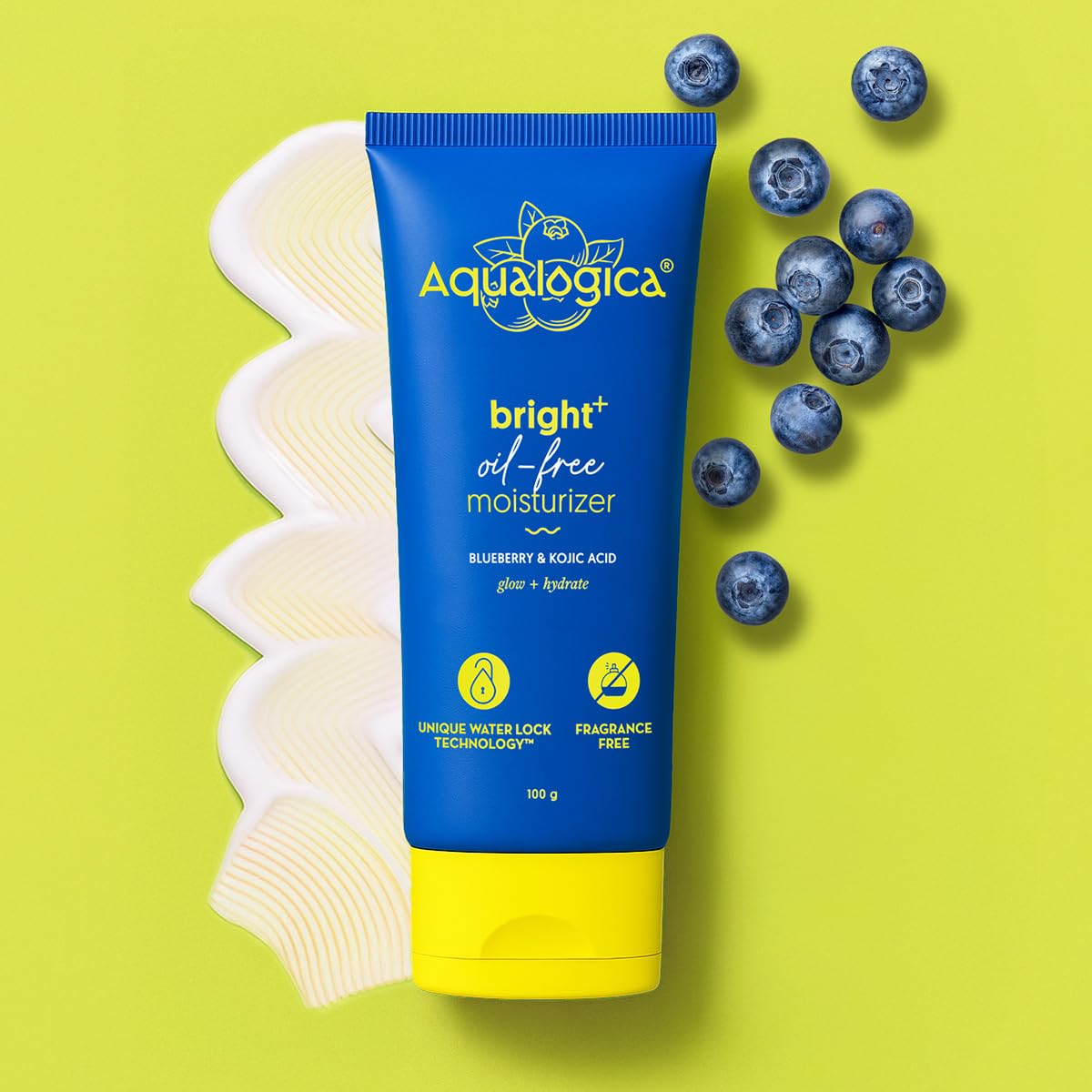 Aqualogica Bright+ Oil-Free Moisturizer with Blueberry & Kojic Acid, 100g, Lightweight Non-Greasy Formula for All Skin Types 