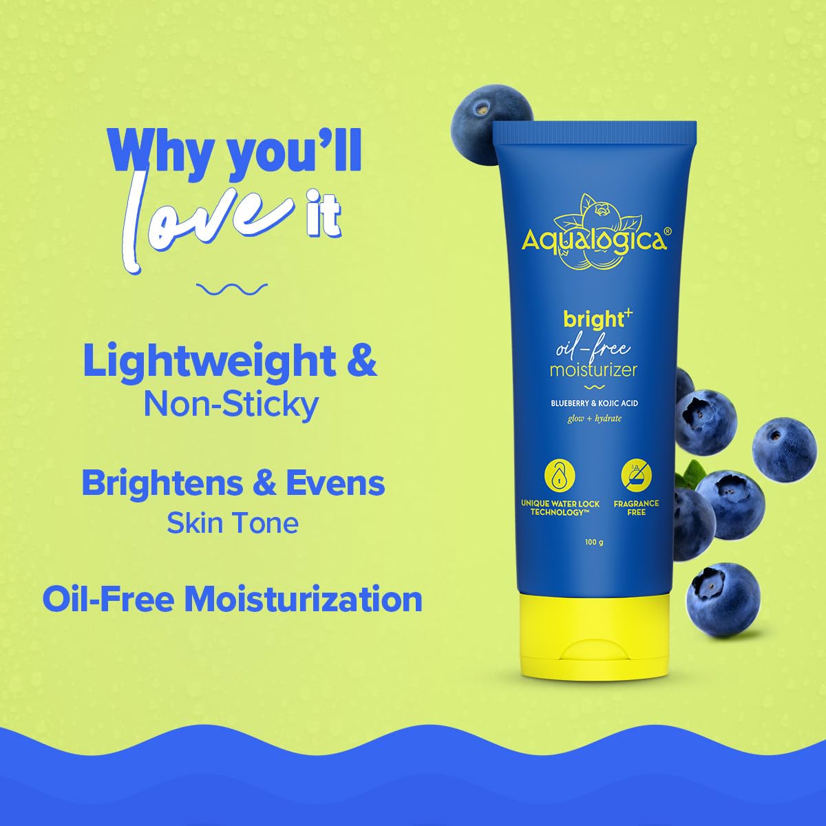 Aqualogica Bright+ Oil-Free Moisturizer with Blueberry & Kojic Acid, 100g, Lightweight Non-Greasy Formula for All Skin Types 