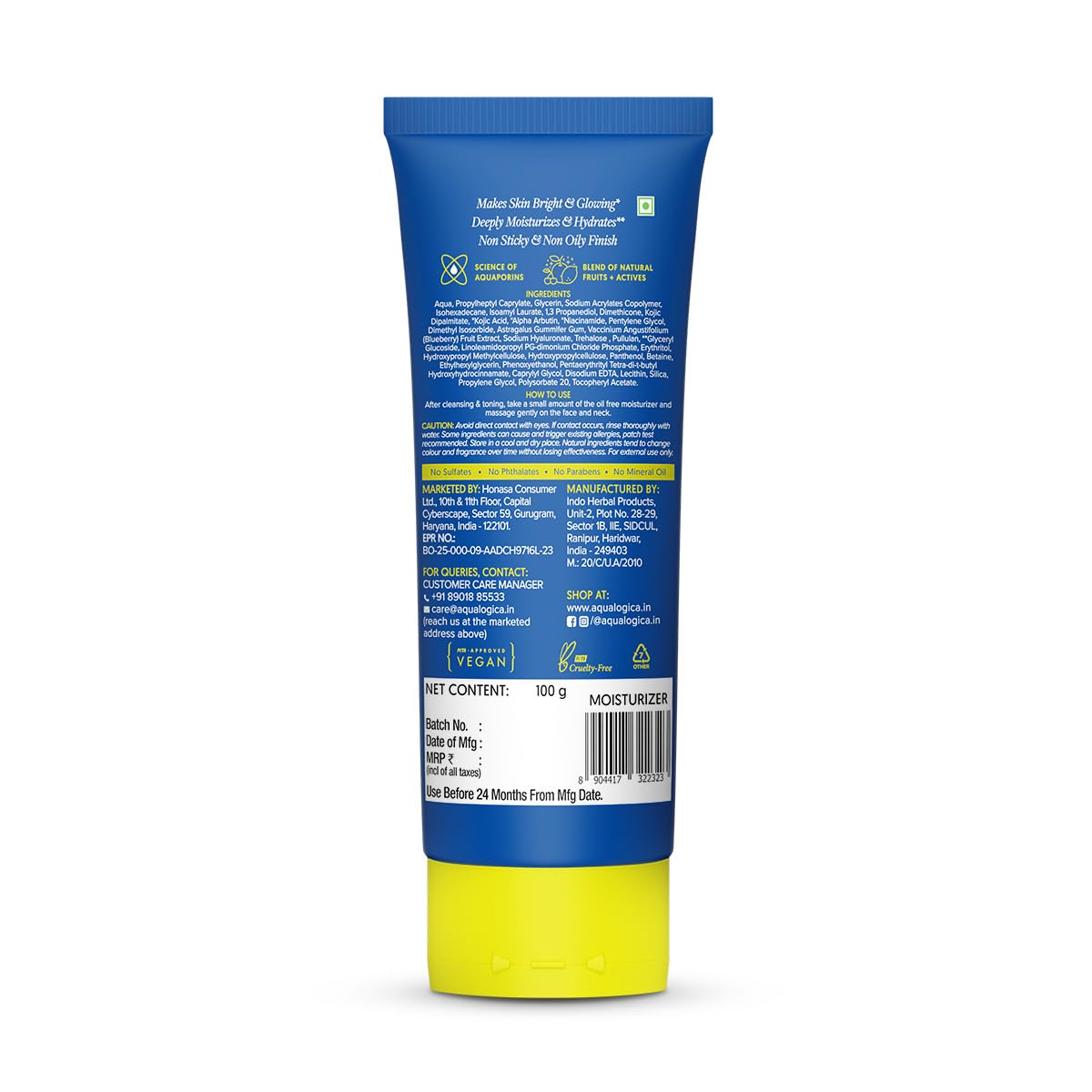 Aqualogica Bright+ Oil-Free Moisturizer with Blueberry & Kojic Acid, 100g, Lightweight Non-Greasy Formula for All Skin Types 