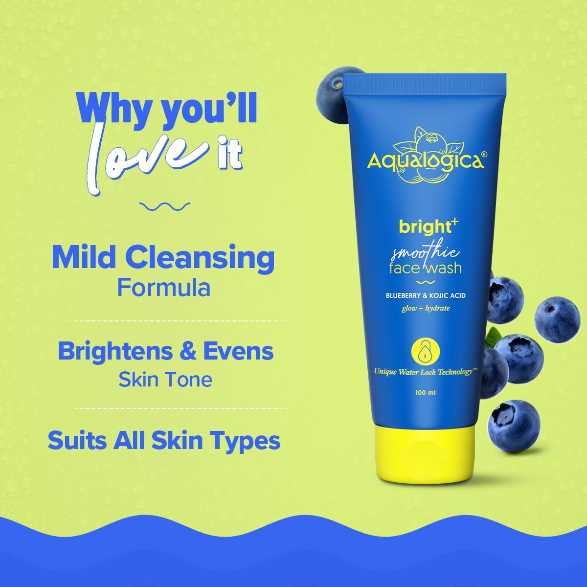 Aqualogica Bright+ Smoothie Face Wash, 100ml, with Blueberry, Kojic Acid, AHAs & BHAs, for All Skin Types - back view