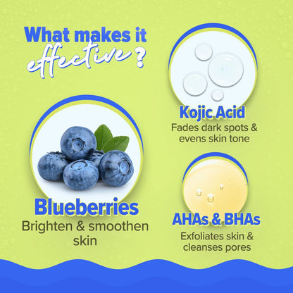 Aqualogica Bright+ Smoothie Face Wash, 100ml, with Blueberry, Kojic Acid, AHAs & BHAs, for All Skin Types - packaging