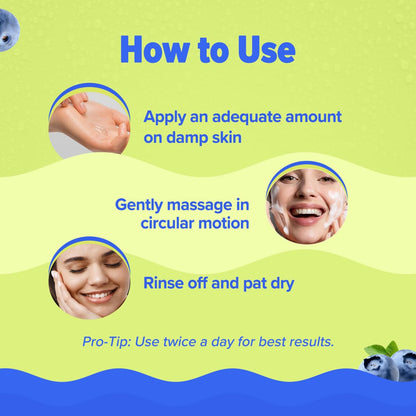 Aqualogica Bright+ Smoothie Face Wash, 100ml, with Blueberry, Kojic Acid, AHAs & BHAs, for All Skin Types - label detail