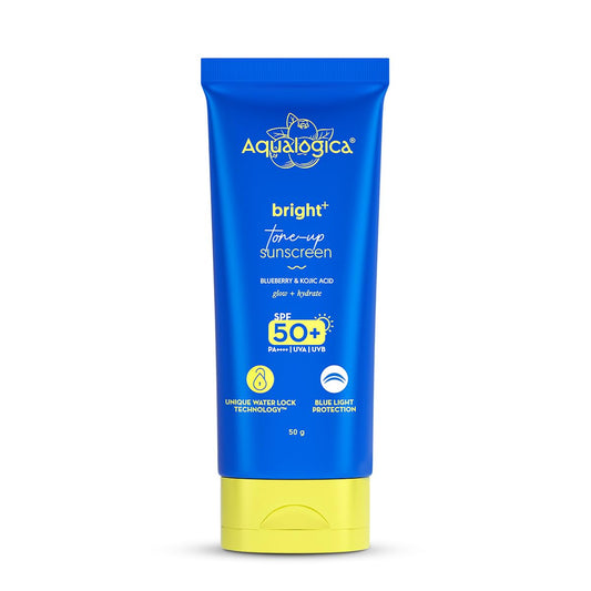 Aqualogica Bright+ Tone Up Sunscreen SPF 50+ PA++++, 50g, Fragrance-Free with Kojic Acid & Blueberry