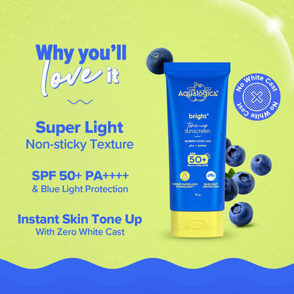 Aqualogica Bright+ Tone Up Sunscreen SPF 50+ PA++++, 50g, Fragrance-Free with Kojic Acid & Blueberry - front view