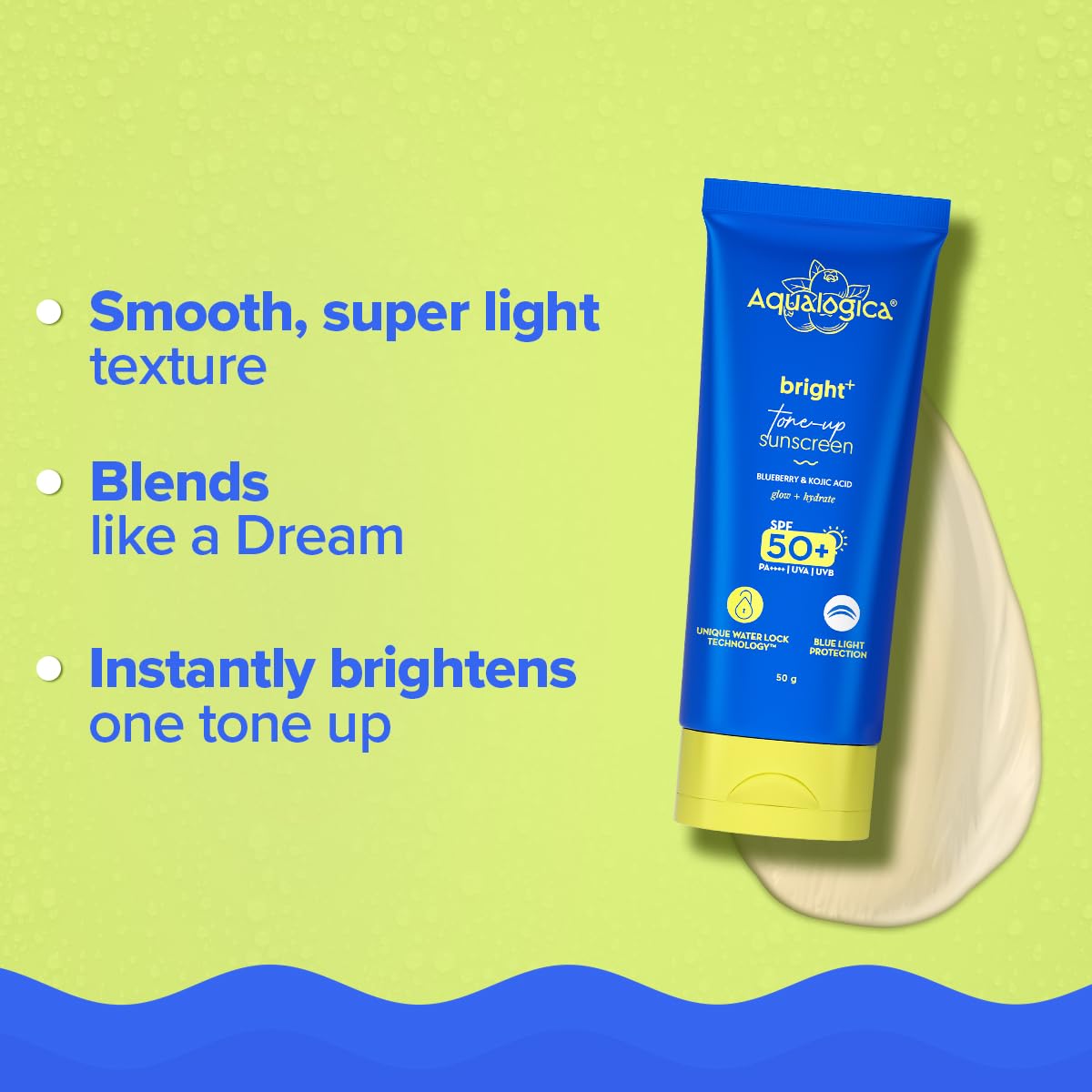 Aqualogica Bright+ Tone Up Sunscreen SPF 50+ PA++++, 50g, Fragrance-Free with Kojic Acid & Blueberry - back view