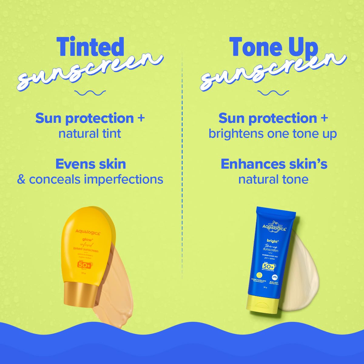 Aqualogica Bright+ Tone Up Sunscreen SPF 50+ PA++++, 50g, Fragrance-Free with Kojic Acid & Blueberry - packaging