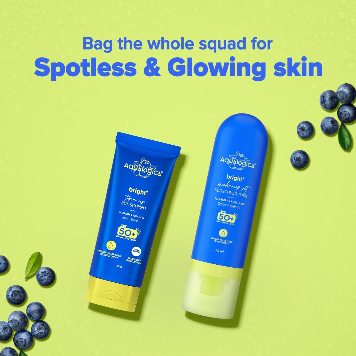 Aqualogica Bright+ Tone Up Sunscreen SPF 50+ PA++++, 50g, Fragrance-Free with Kojic Acid & Blueberry - size and scale