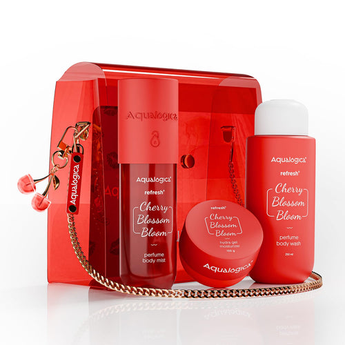 Aqualogica Cherry Blossom Bloom Gift Set, 3-Piece with Body Wash, Mist, Moisturizer, Sling Bag & Charms