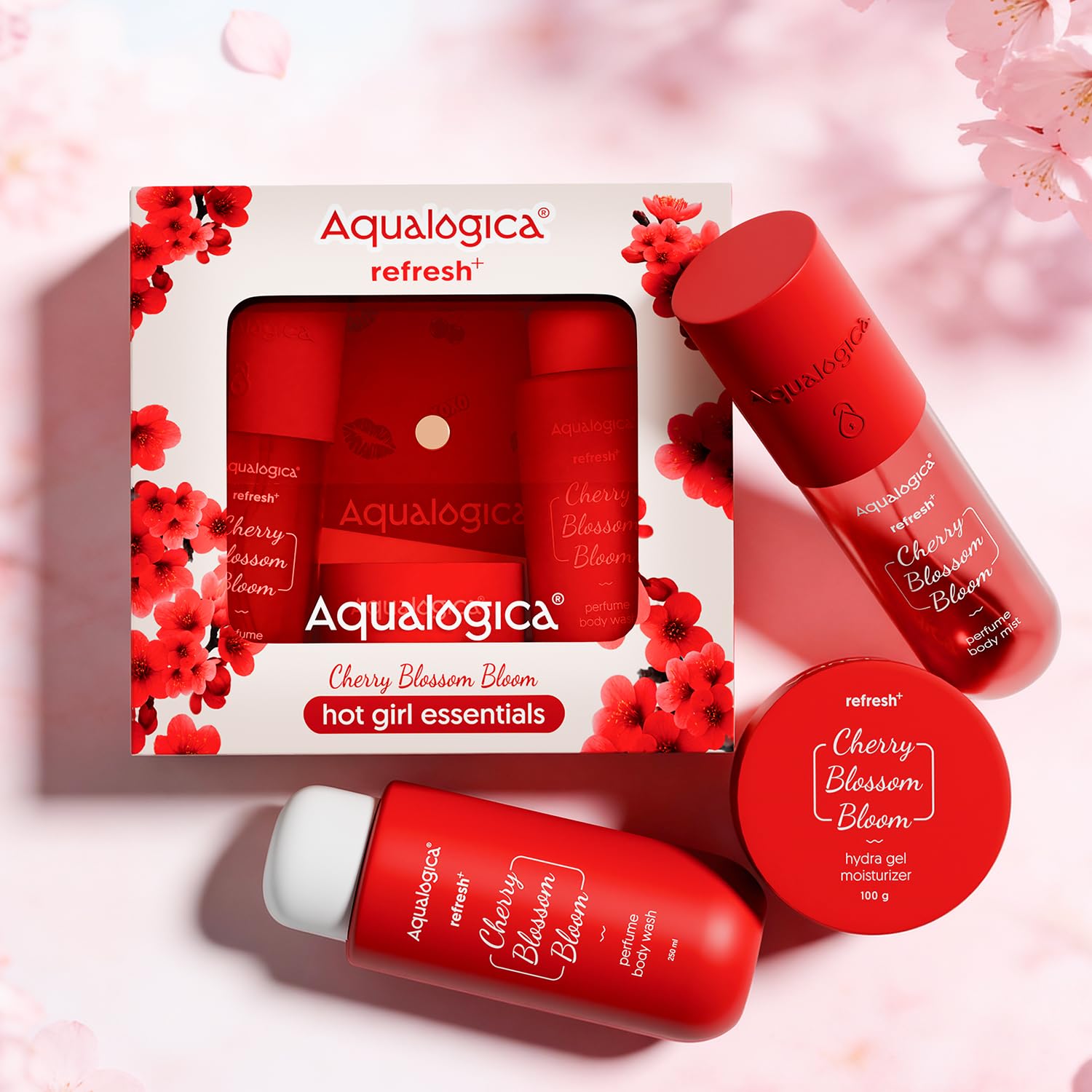 Aqualogica Cherry Blossom Bloom Gift Set, 3-Piece with Body Wash, Mist, Moisturizer, Sling Bag & Charms - front view