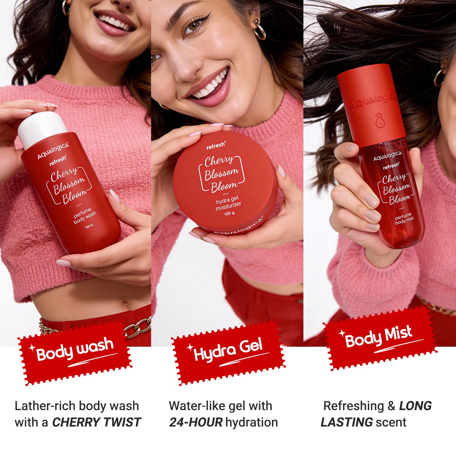 Aqualogica Cherry Blossom Bloom Gift Set, 3-Piece with Body Wash, Mist, Moisturizer, Sling Bag & Charms - label detail