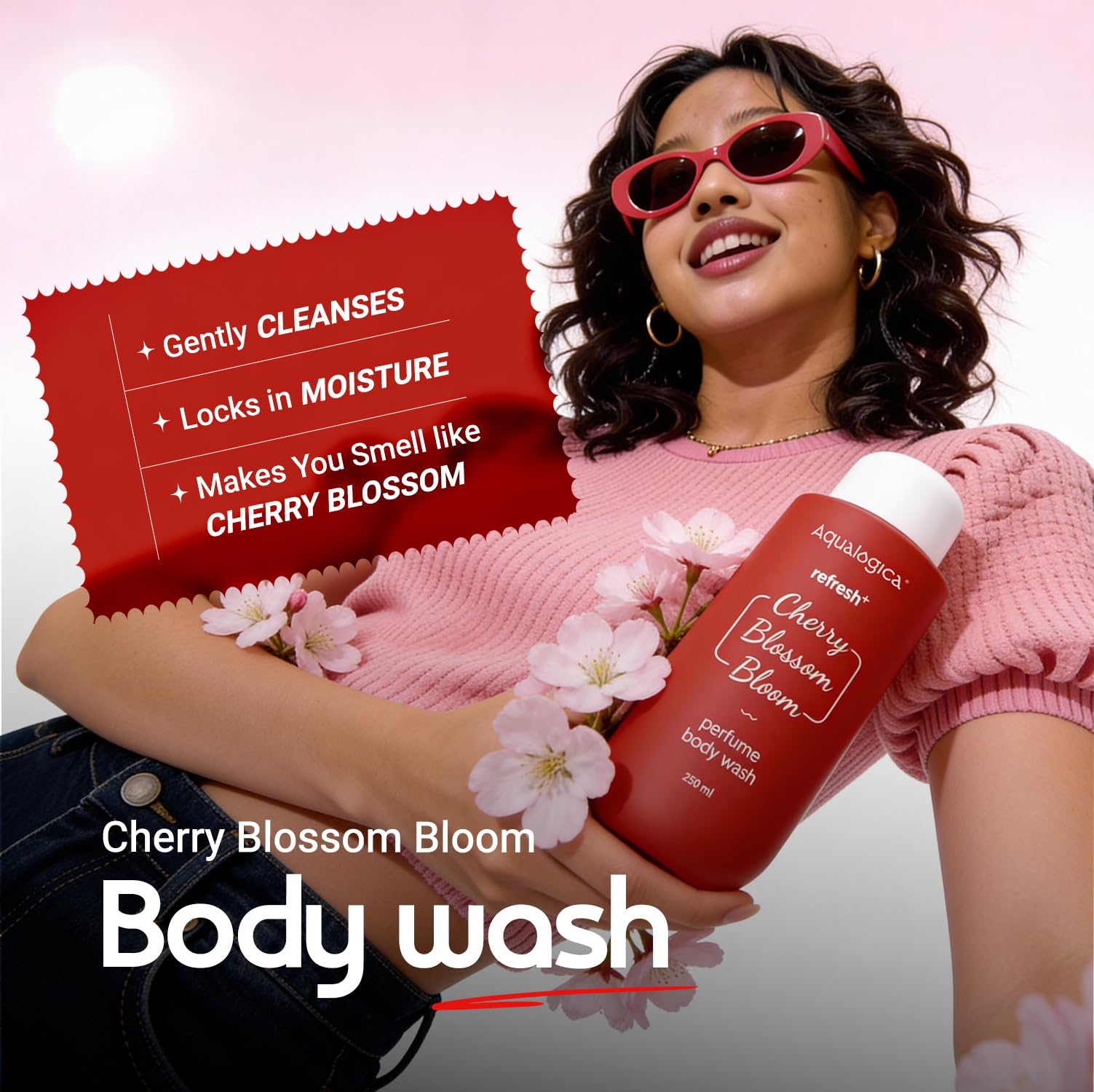 Aqualogica Cherry Blossom Bloom Gift Set, 3-Piece with Body Wash, Mist, Moisturizer, Sling Bag & Charms - ingredients panel