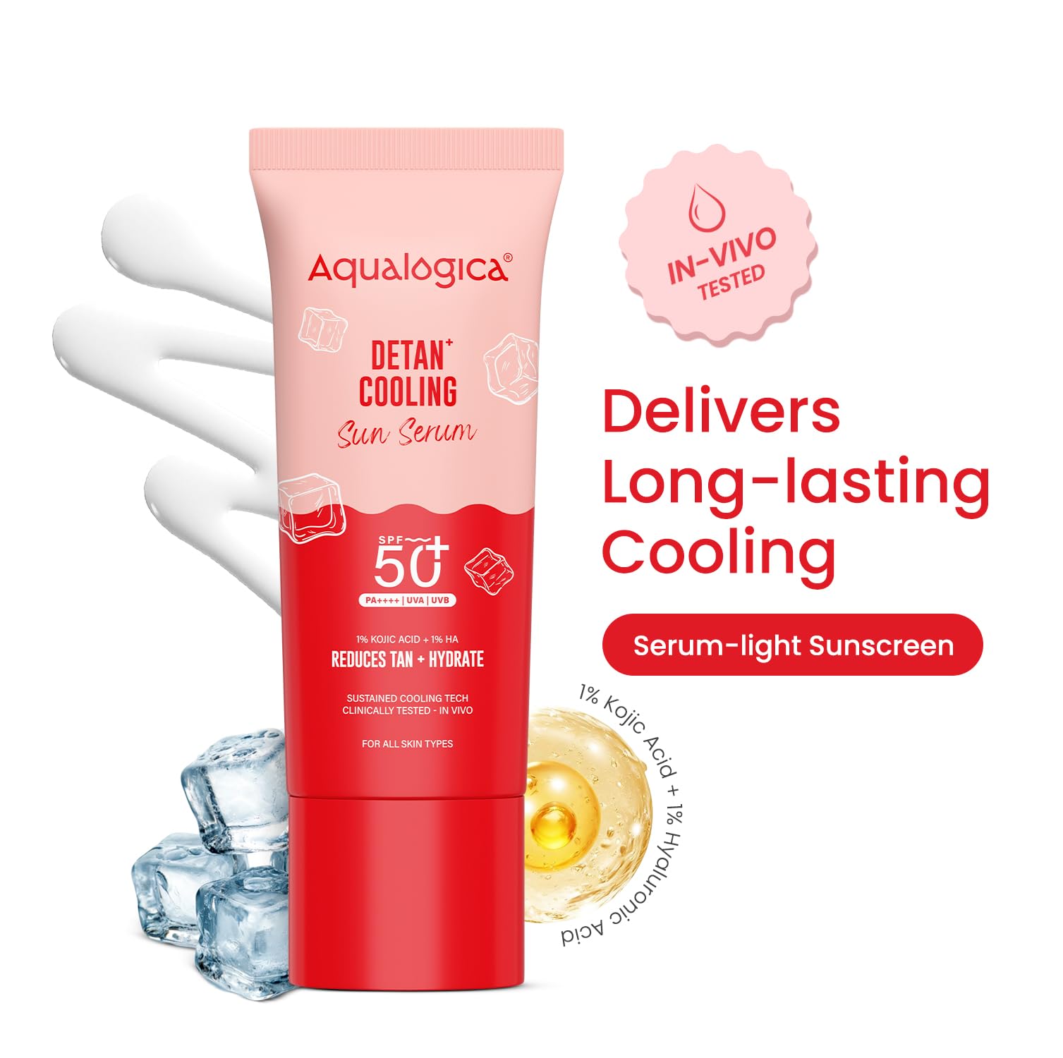 Aqualogica Detan+ Cooling Sun Serum, 50g, SPF 50+ PA++++, with Kojic Acid, Hyaluronic Acid & Papaya, Serum-Light Texture, Veg