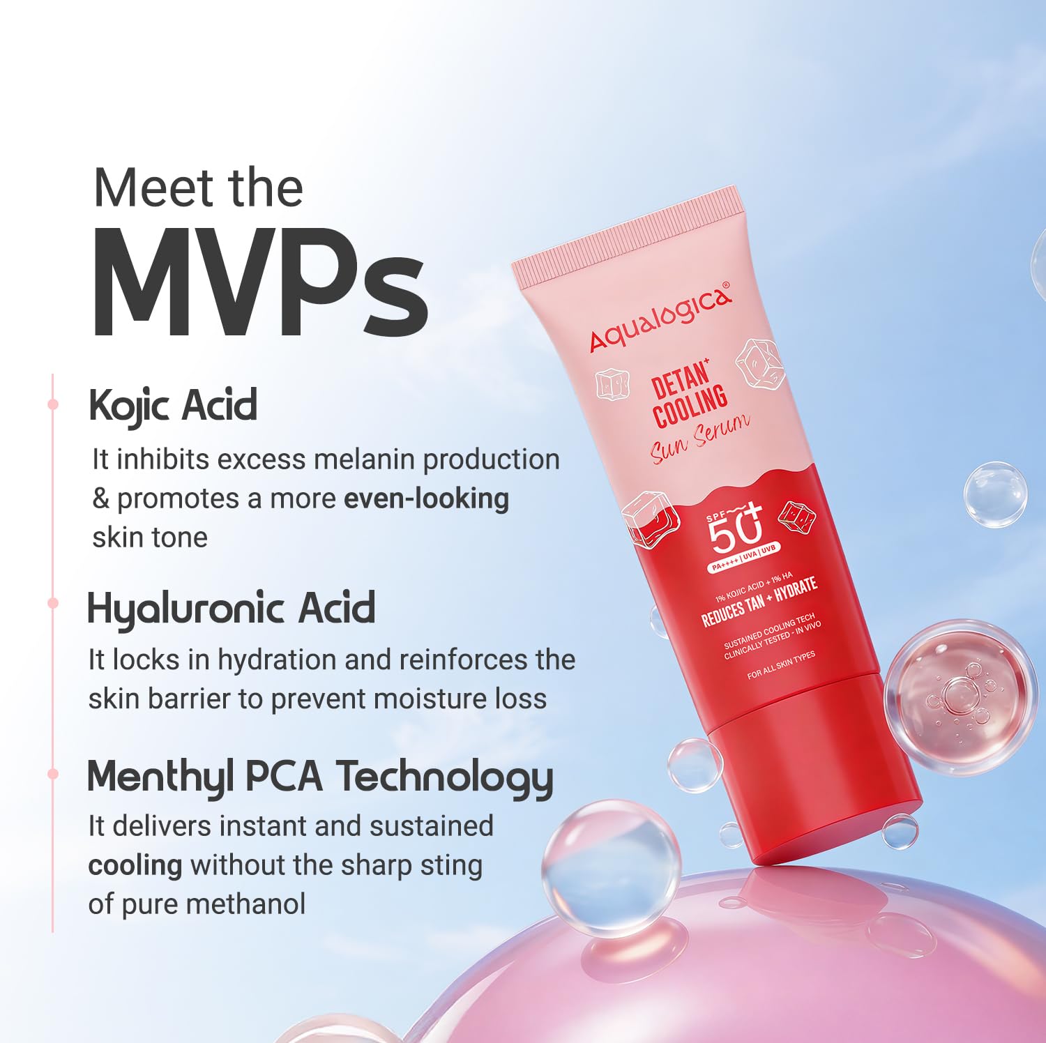 Aqualogica Detan+ Cooling Sun Serum, 50g, SPF 50+ PA++++, with Kojic Acid, Hyaluronic Acid & Papaya, Serum-Light Texture, Veg