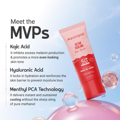 Aqualogica Detan+ Cooling Sun Serum, 50g, SPF 50+ PA++++, with Kojic Acid, Hyaluronic Acid & Papaya, Serum-Light Texture, Veg