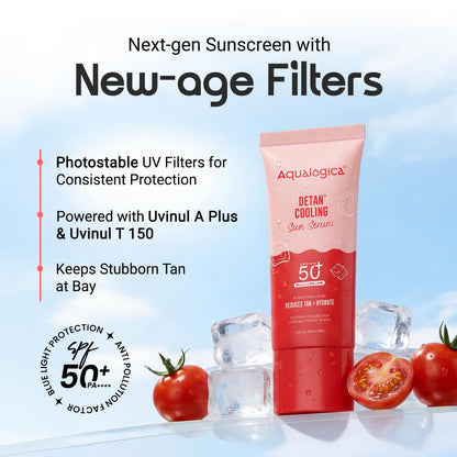 Aqualogica Detan+ Cooling Sun Serum, 50g, SPF 50+ PA++++, with Kojic Acid, Hyaluronic Acid & Papaya, Serum-Light Texture, Veg