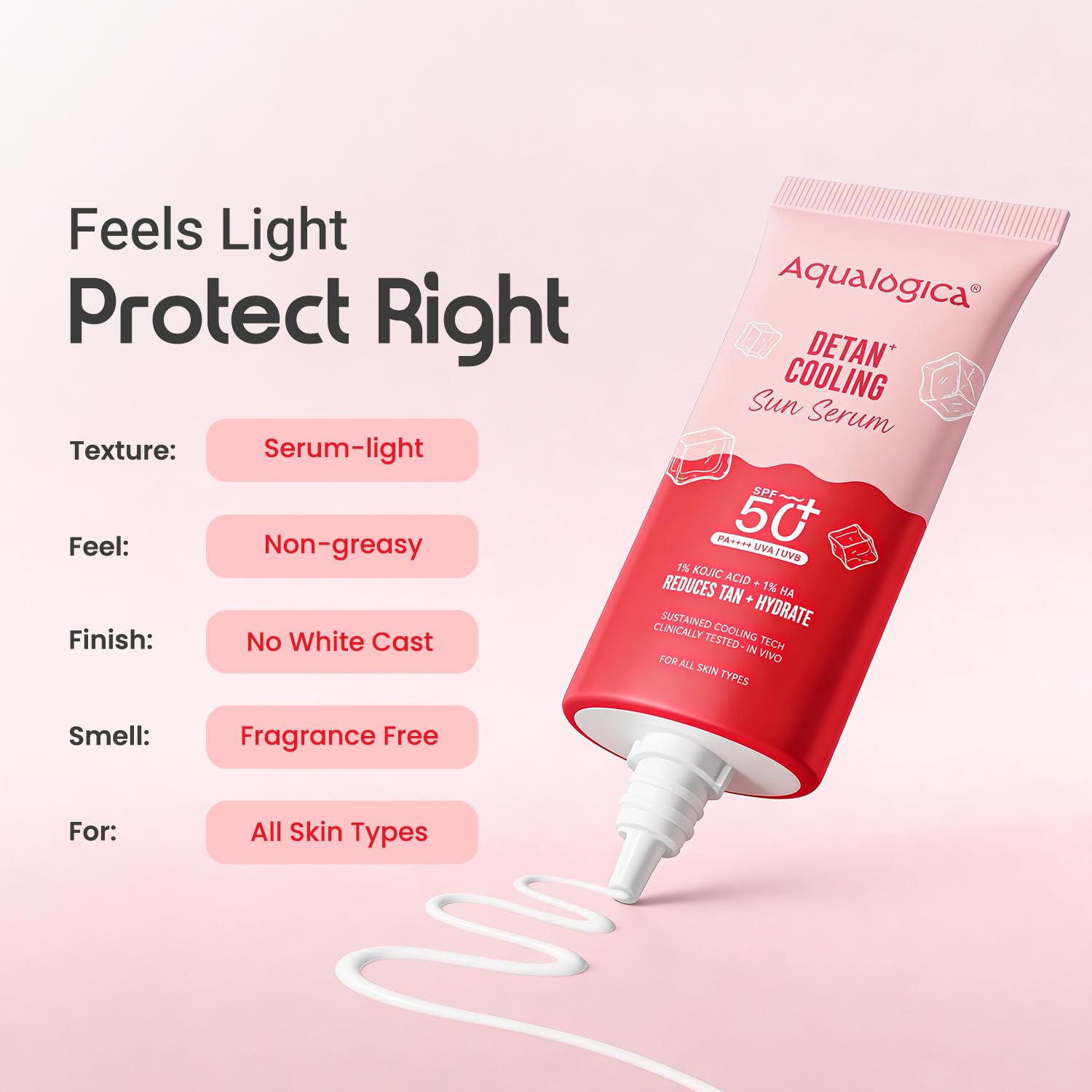 Aqualogica Detan+ Cooling Sun Serum, 50g, SPF 50+ PA++++, with Kojic Acid, Hyaluronic Acid & Papaya, Serum-Light Texture, Veg