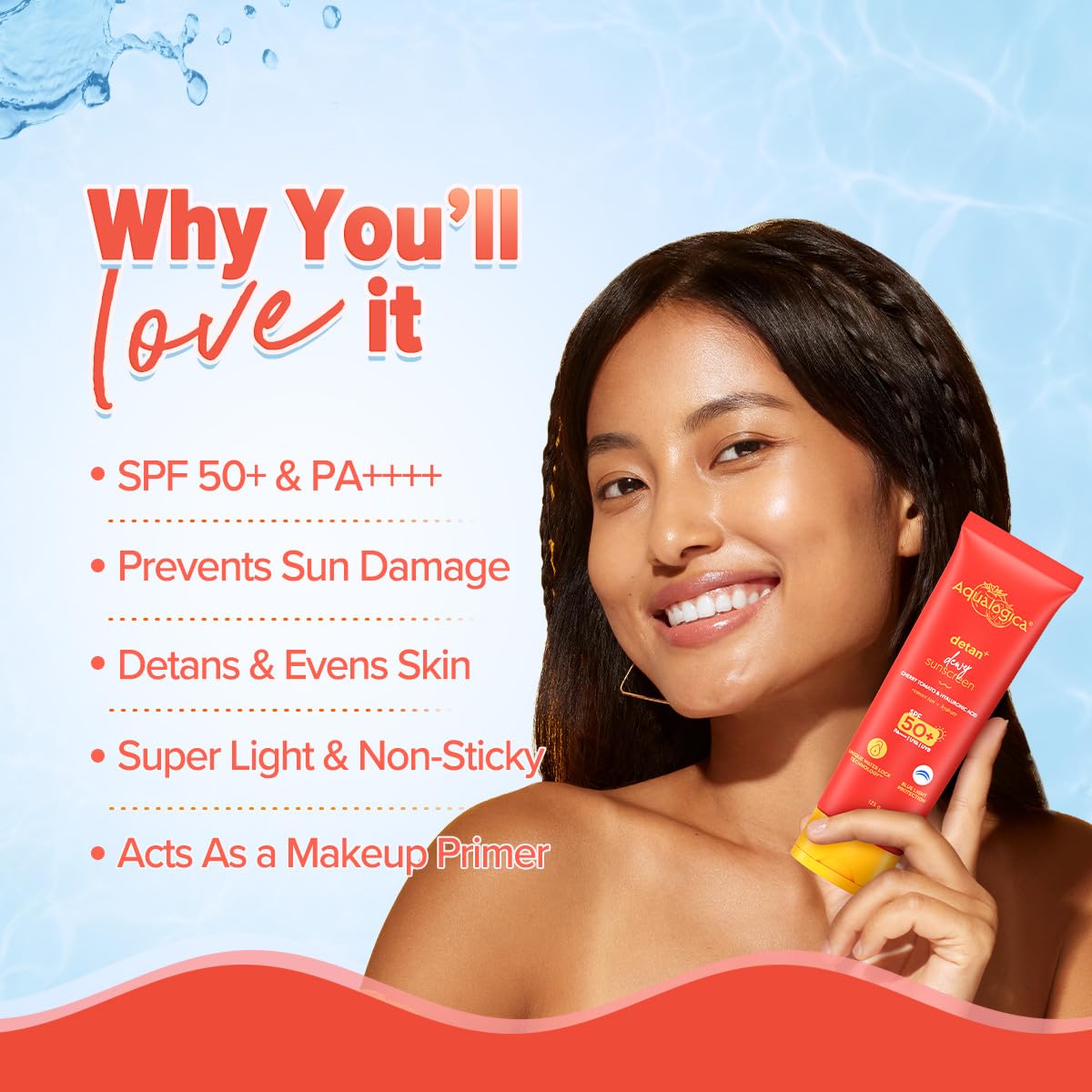 Aqualogica Detan+ Dewy Gel Sunscreen SPF 50+ PA++++ with 2% Kojic-Hyaluron Complex and Wild Berries - back view (13)