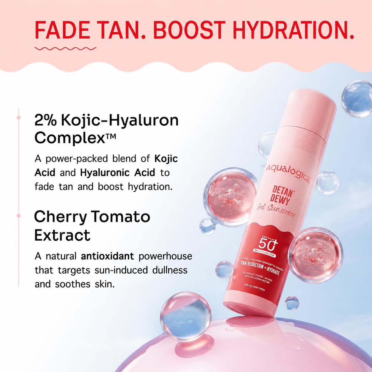 Aqualogica Detan+ Dewy Gel Sunscreen SPF 50+ PA++++ with 2% Kojic-Hyaluron Complex and Wild Berries - back view