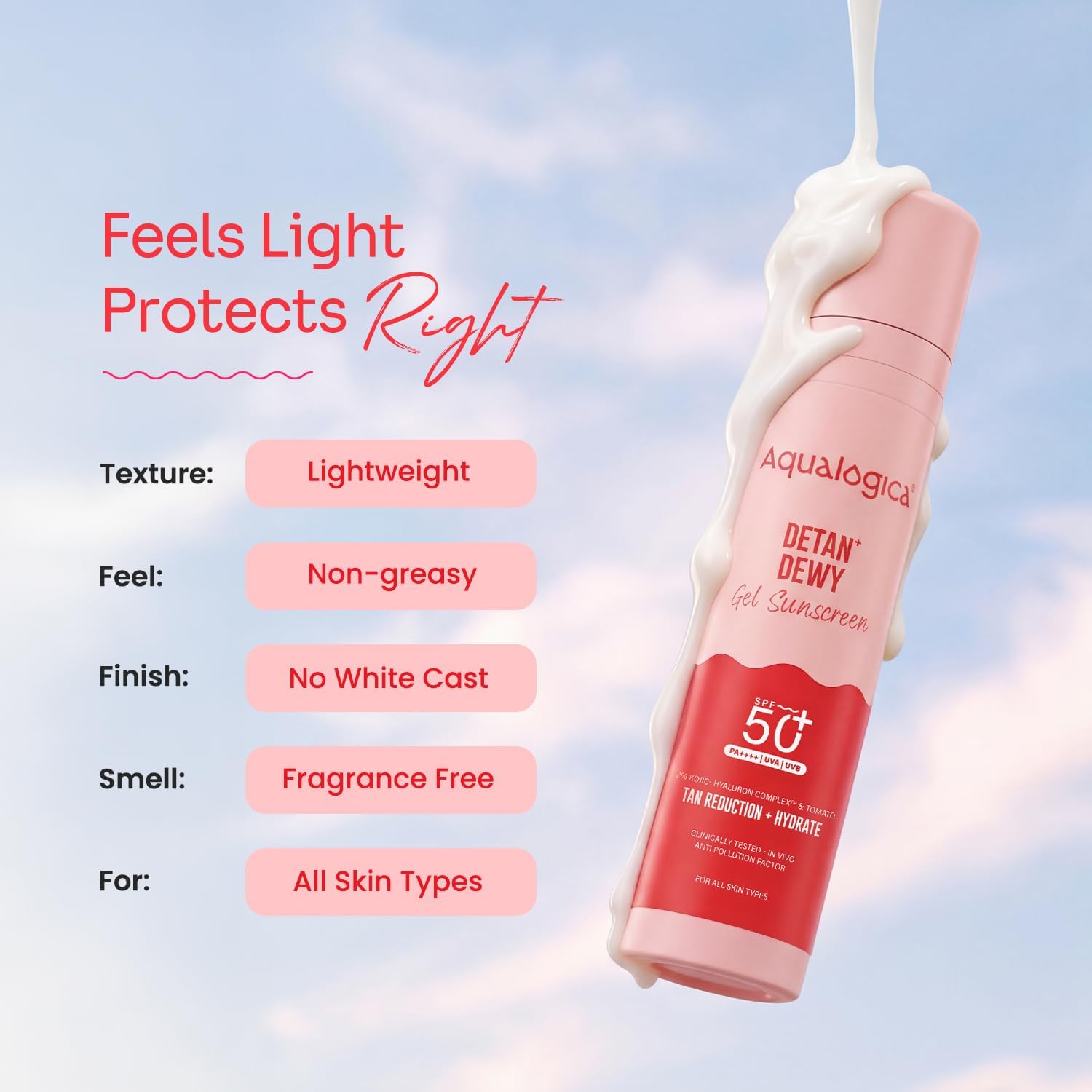 Aqualogica Detan+ Dewy Gel Sunscreen SPF 50+ PA++++ with 2% Kojic-Hyaluron Complex and Wild Berries - in use