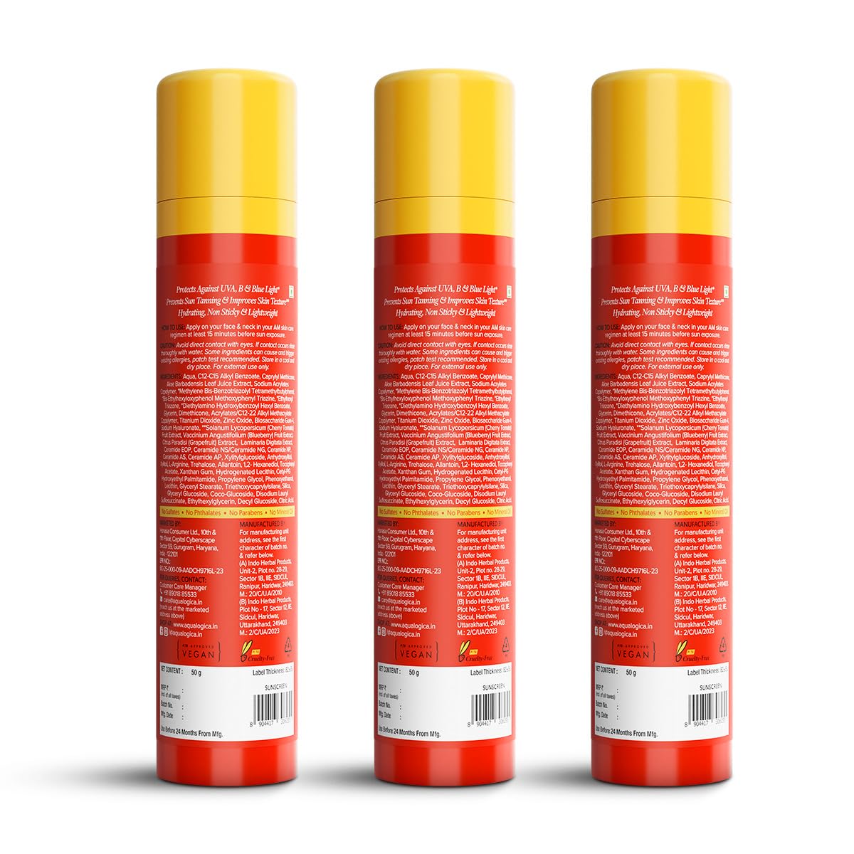 Aqualogica Detan+ Dewy Sunscreen SPF 50+ PA++++ Lightweight Fragrance-Free 50g Pack of 3 - front view
