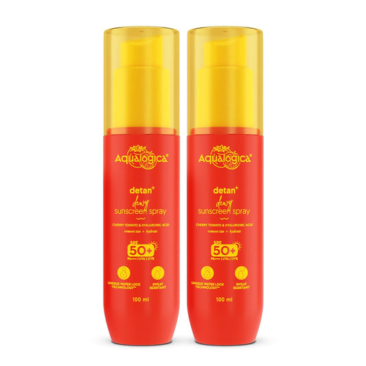 Aqualogica Detan+ Dewy Sunscreen Spray SPF 50+ PA++++, 100ml, 2 Count, Non-Comedogenic, Oxybenzone-Free
