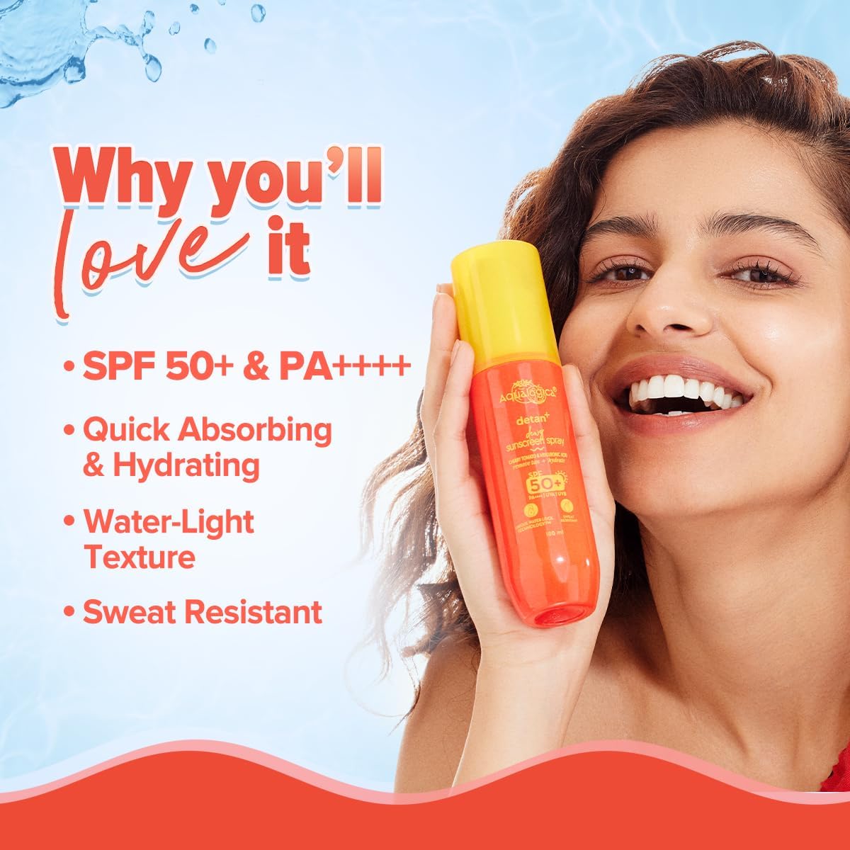 Aqualogica Detan+ Dewy Sunscreen Spray SPF 50+ PA++++, 100ml, 2 Count, Non-Comedogenic, Oxybenzone-Free - front view