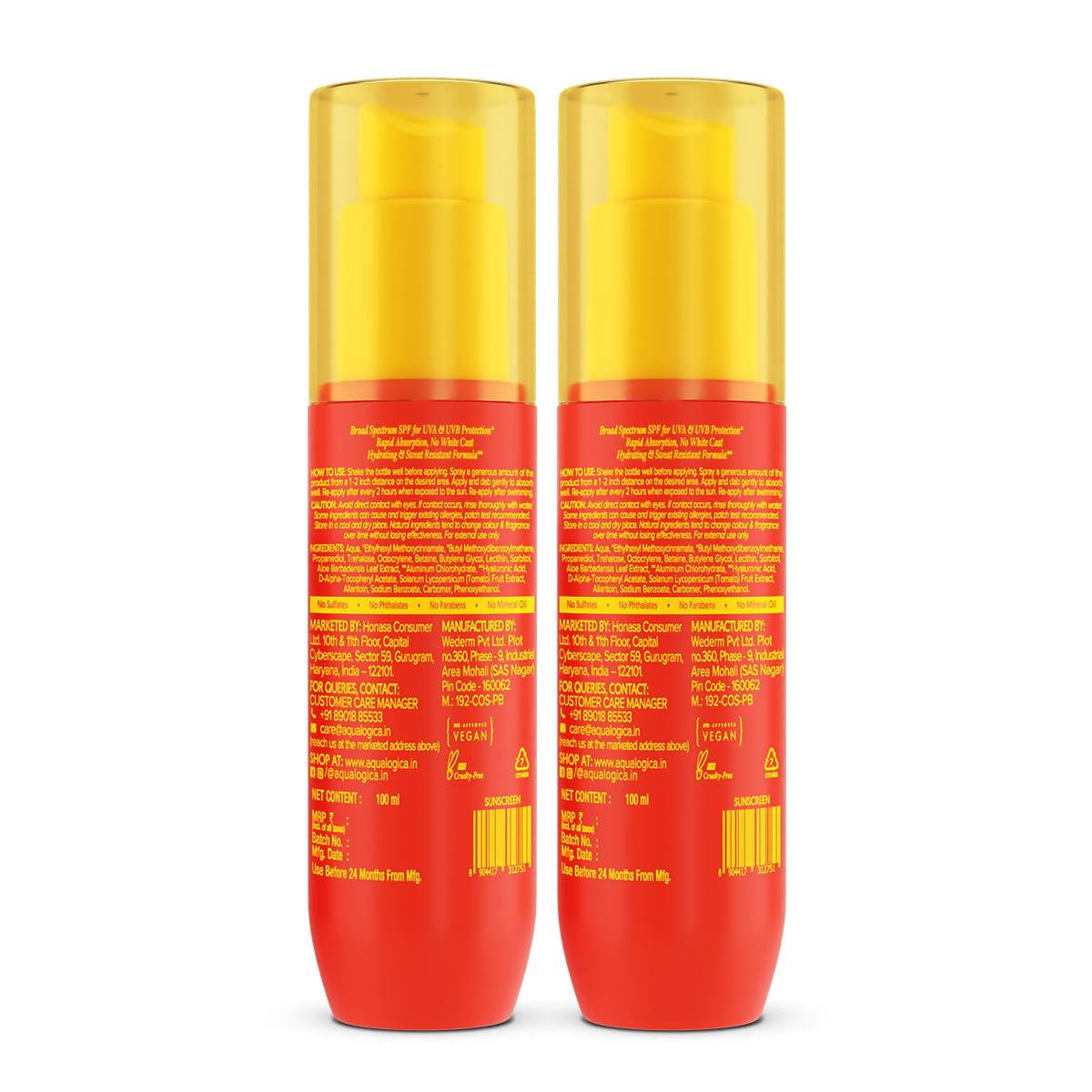 Aqualogica Detan+ Dewy Sunscreen Spray SPF 50+ PA++++, 100ml, 2 Count, Non-Comedogenic, Oxybenzone-Free - label detail