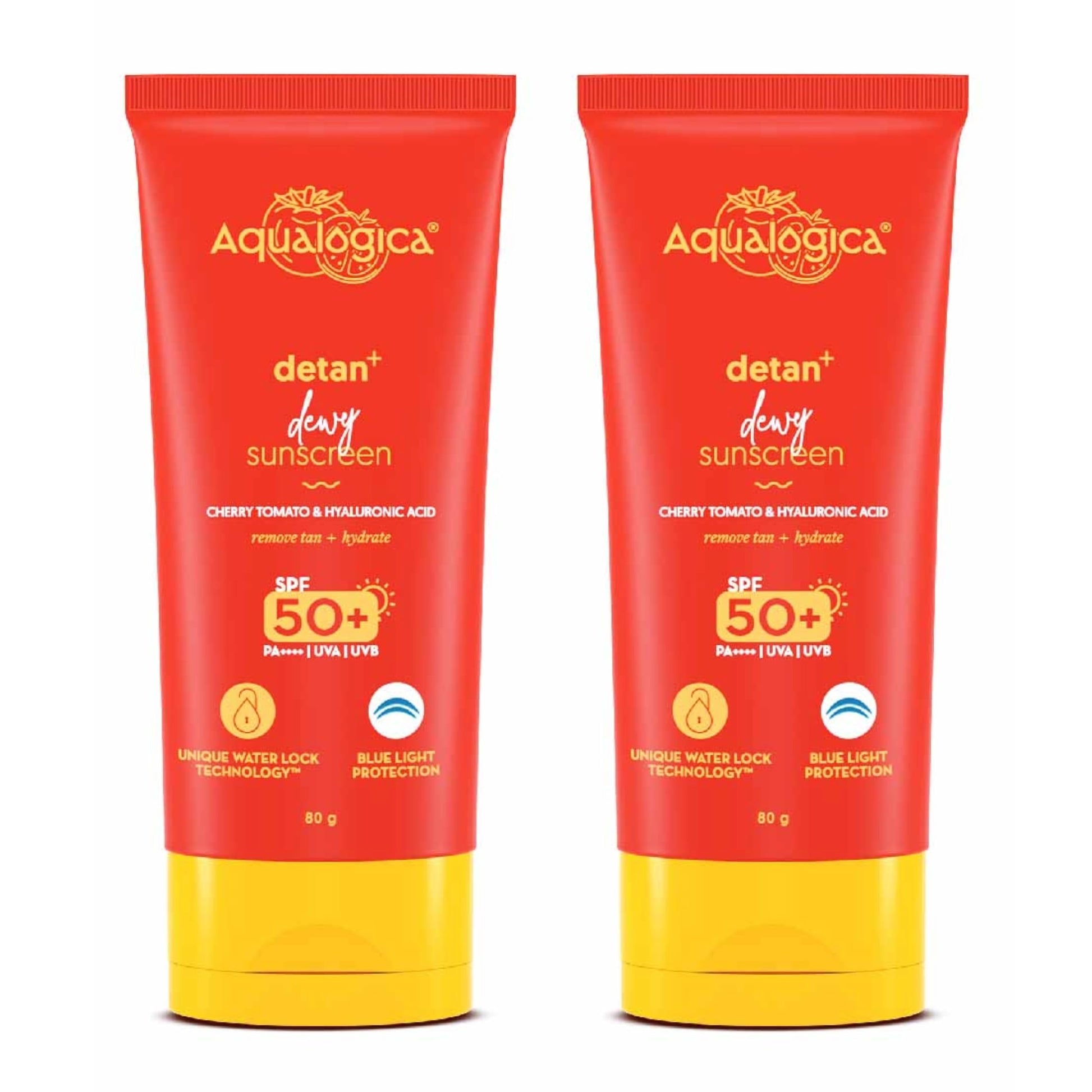 Aqualogica Detan+ Dewy Sunscreen with Cherry Tomato & Hyaluronic Acid, SPF 50 PA++++, Gel Formula, 80g, Pack of 2