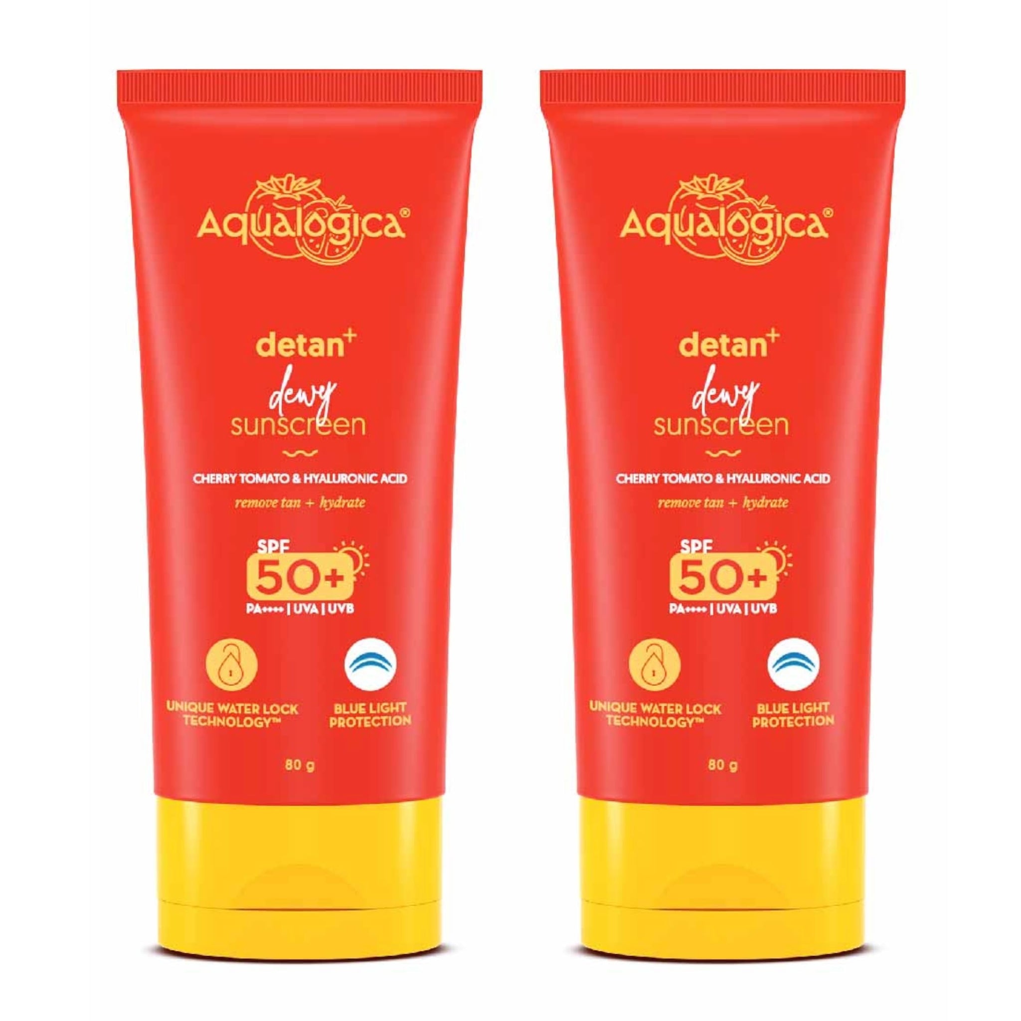 Aqualogica Detan+ Dewy Sunscreen with Cherry Tomato & Hyaluronic Acid, SPF 50 PA++++, Gel Formula, 80g, Pack of 2