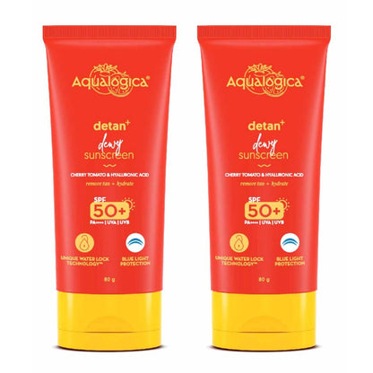 Aqualogica Detan+ Dewy Sunscreen with Cherry Tomato & Hyaluronic Acid, SPF 50 PA++++, Gel Formula, 80g, Pack of 2