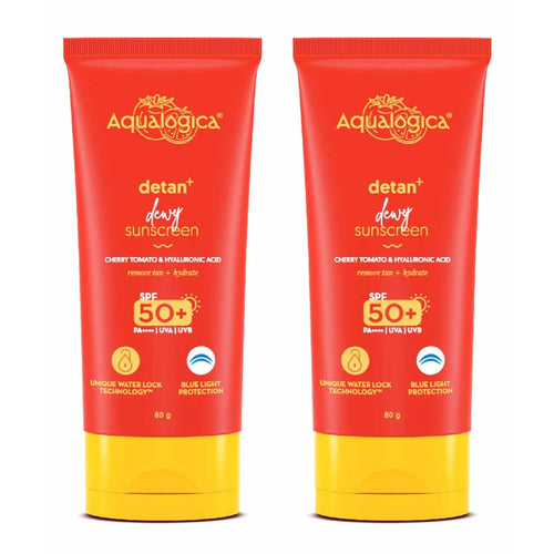 Aqualogica Detan+ Dewy Sunscreen with Cherry Tomato & Hyaluronic Acid, SPF 50 PA++++, Gel Formula, 80g, Pack of 2