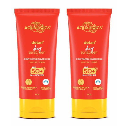 Aqualogica Detan+ Dewy Sunscreen with Cherry Tomato & Hyaluronic Acid, SPF 50 PA++++, Gel Formula, 80g, Pack of 2