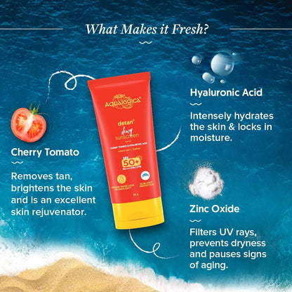 Aqualogica Detan+ Dewy Sunscreen with Cherry Tomato & Hyaluronic Acid, SPF 50 PA++++, Gel Formula, 80g, Pack of 2 - front vie