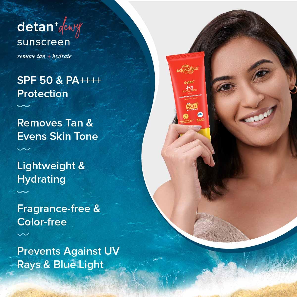 Aqualogica Detan+ Dewy Sunscreen with Cherry Tomato & Hyaluronic Acid, SPF 50 PA++++, Gel Formula, 80g, Pack of 2 - packaging