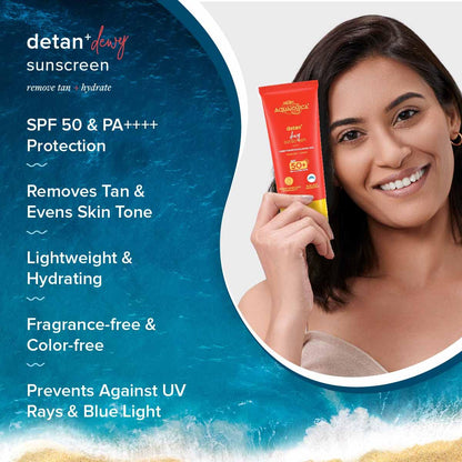 Aqualogica Detan+ Dewy Sunscreen with Cherry Tomato & Hyaluronic Acid, SPF 50 PA++++, Gel Formula, 80g, Pack of 2 - packaging