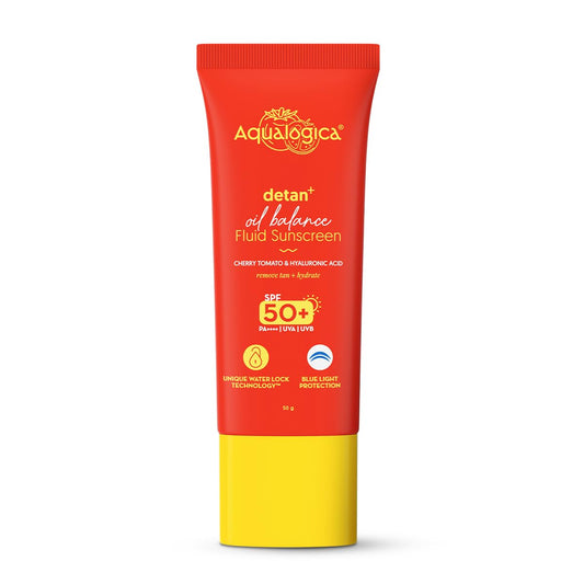 Aqualogica Detan+ Oil Balance Fluid Sunscreen, 50g, SPF 50+ PA++++, Water-Light Texture, Oily Skin, Unisex