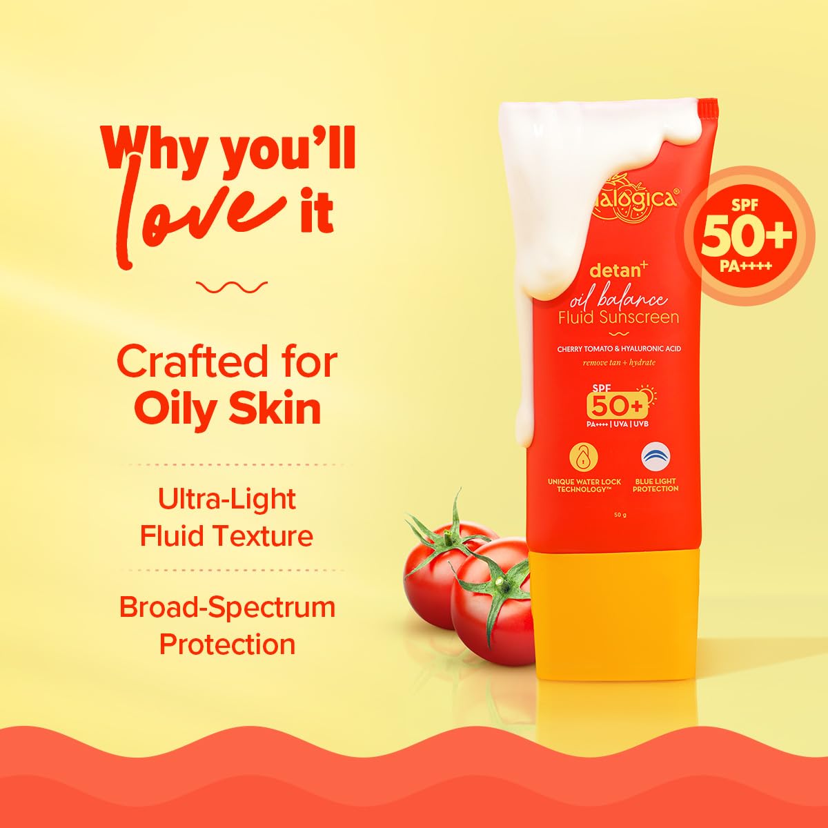 Aqualogica Detan+ Oil Balance Fluid Sunscreen, 50g, SPF 50+ PA++++, Water-Light Texture, Oily Skin, Unisex - front view