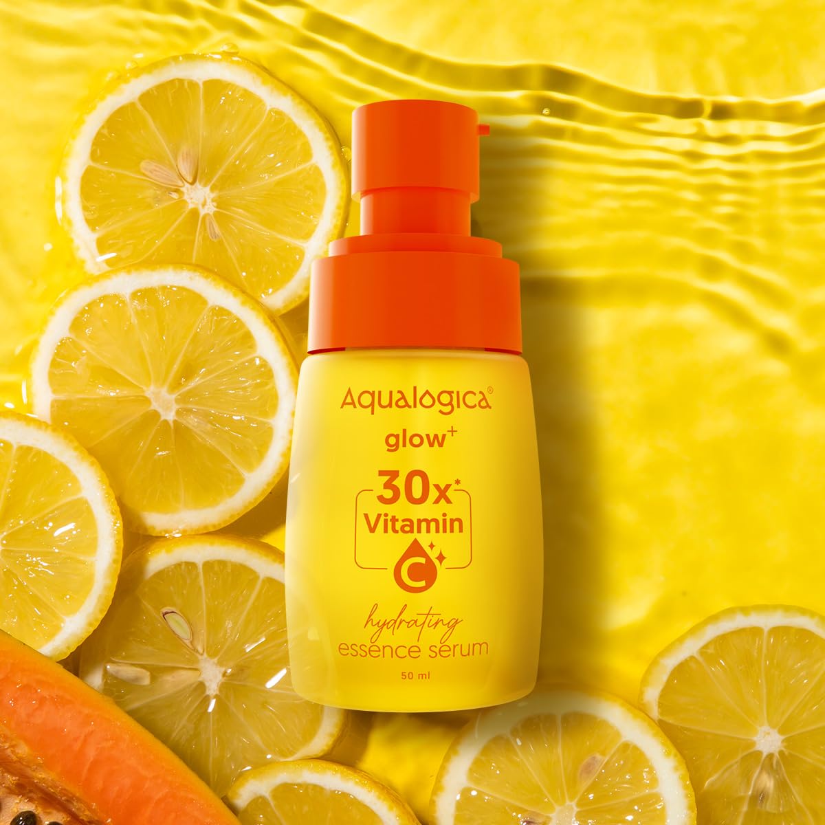 Aqualogica Glow+ 30X* Vitamin C Hydrating Essence Serum, 50ml, Papaya Extract, Hyaluronic Acid, Vegan - front view